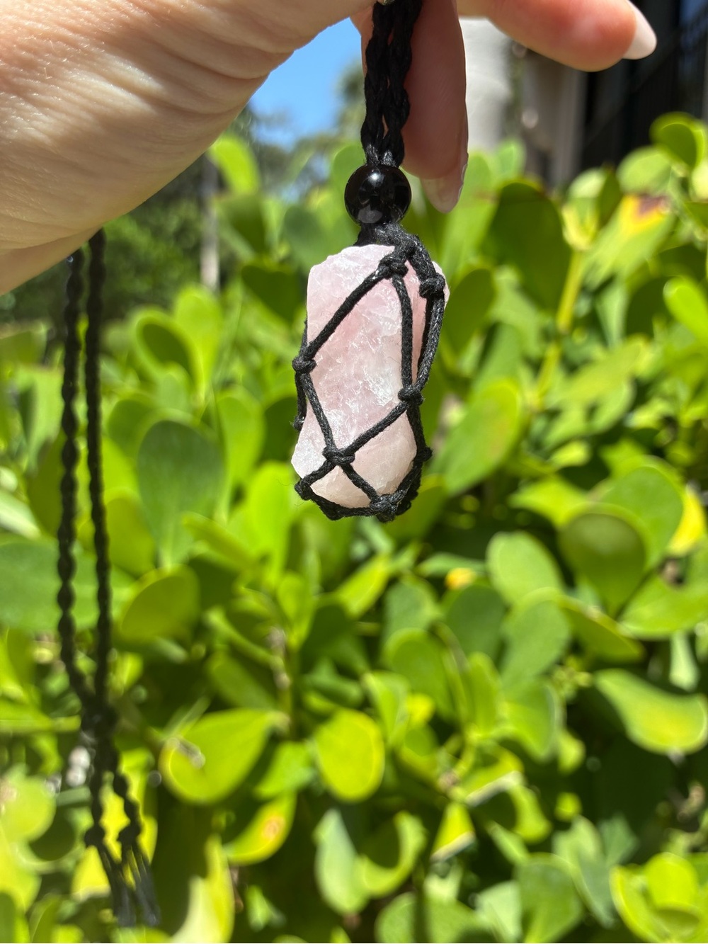 Raw Rose Quartz Macrame Crystal Necklace | Handcrafted Healing Stone Pendant - Picture 4 of 10
